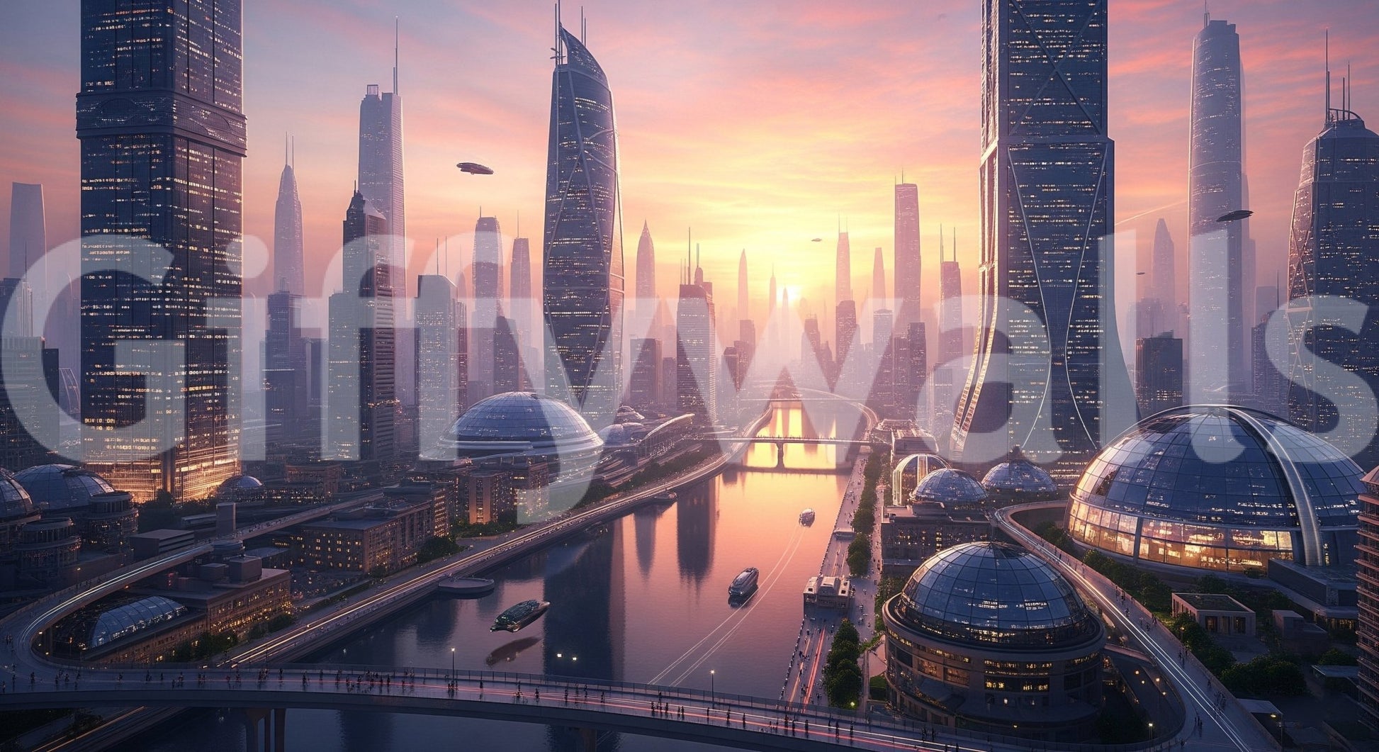 Future Metropolis wall mural in a luxury residential suite.