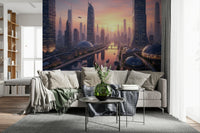 Dark blue and purple city wallpaper for a feature wall.