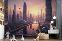 Futuristic urban landscape wallpaper for a contemporary flat.