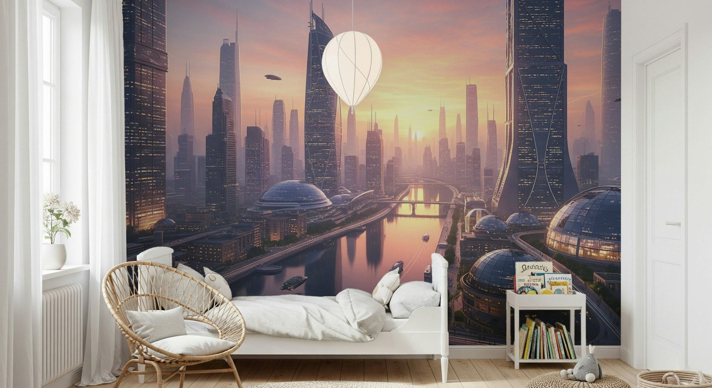 Cyberpunk style wallpaper with tall skyscrapers for a lounge.