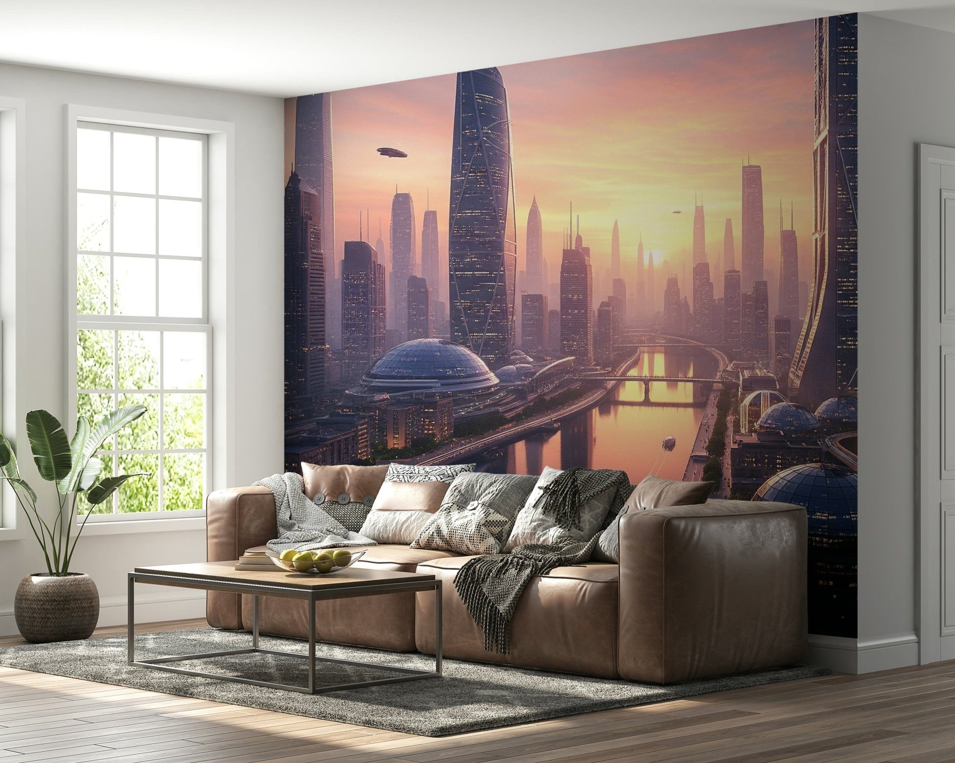 Sci-fi city wallpaper featuring neon lights for a bedroom wall.