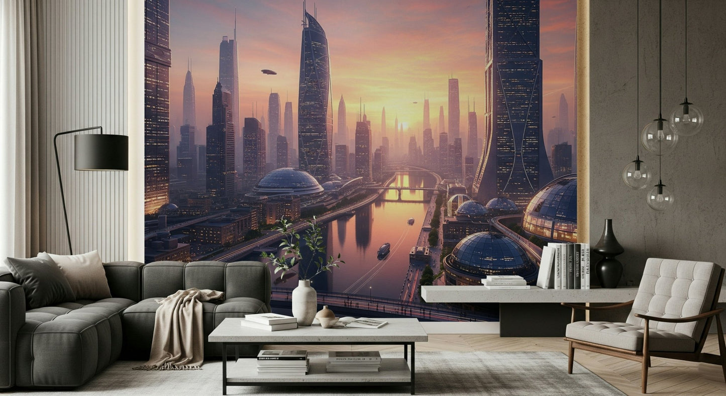 Future Metropolis wall mural in a minimalist apartment study.