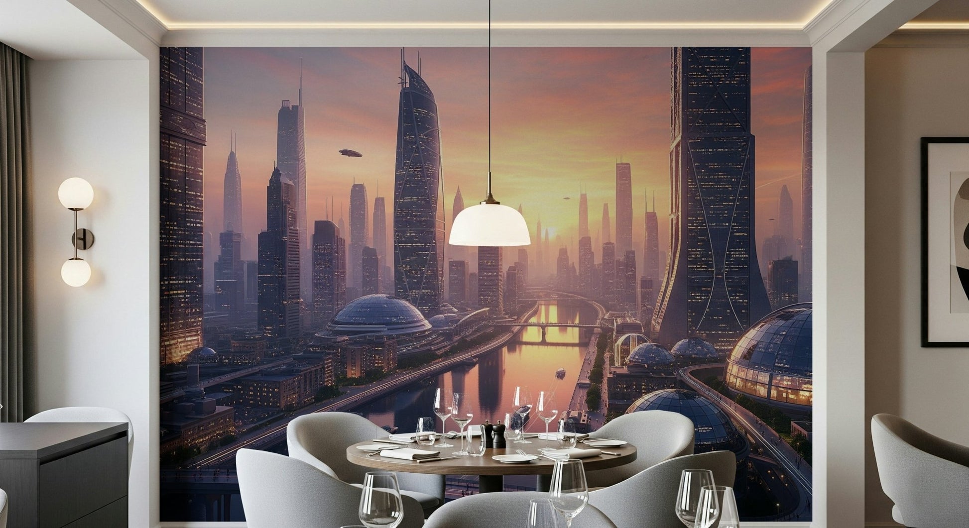 Bright neon city wall mural for a creative studio layout.