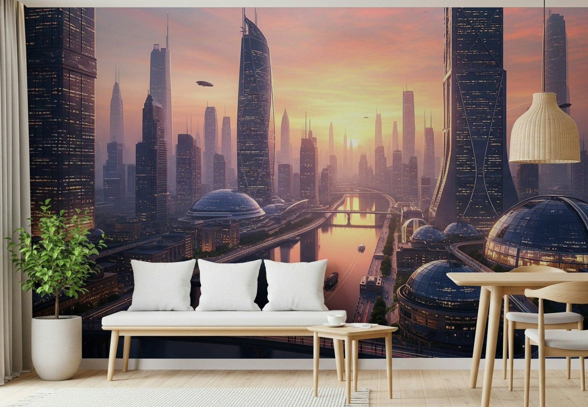 Future Metropolis wall mural in a high-tech office environment.