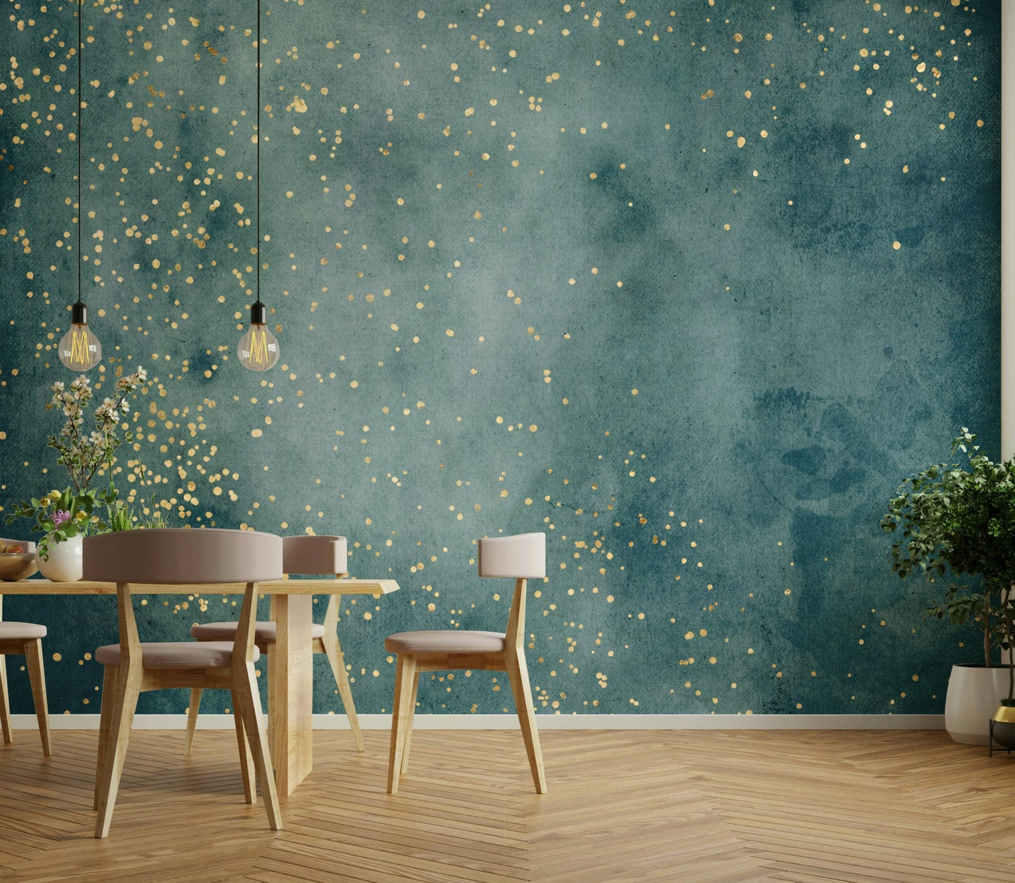 Sea blue and cosmic dust wall mural for a dreamy look.

