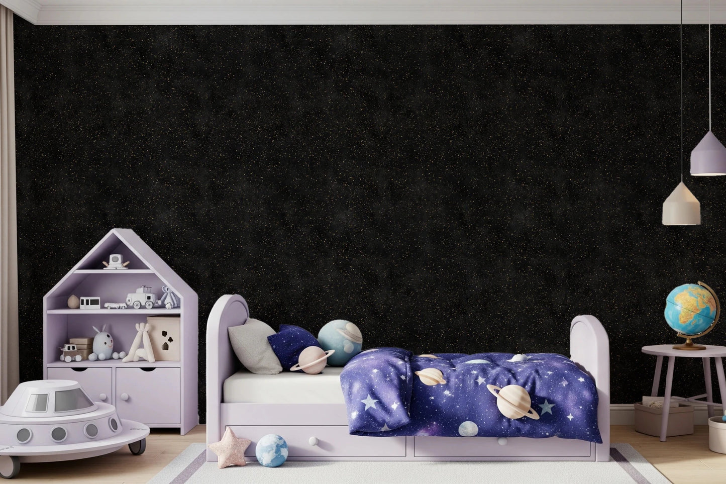 Boys room using Galactic Star Field Charcoal Wallpaper on a feature wall