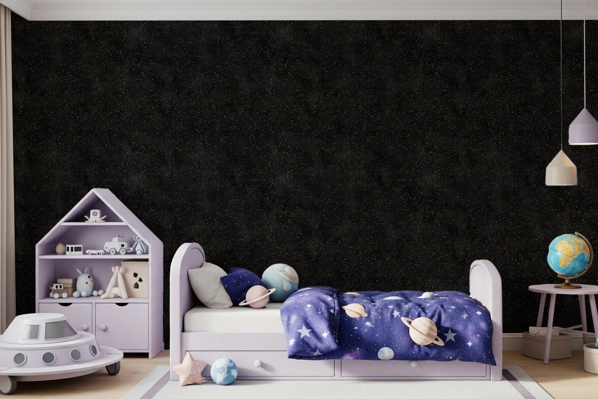 Boys room using Galactic Star Field Charcoal Wallpaper on a feature wall