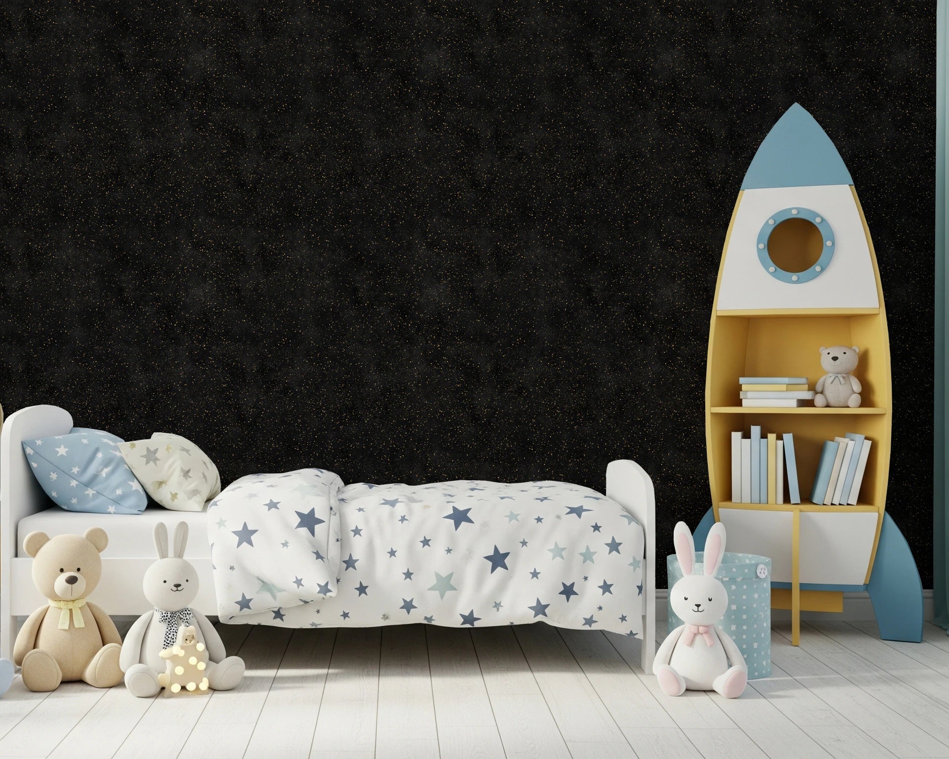 Bedroom styled in Galactic Star Field Wallpaper with a charcoal finish