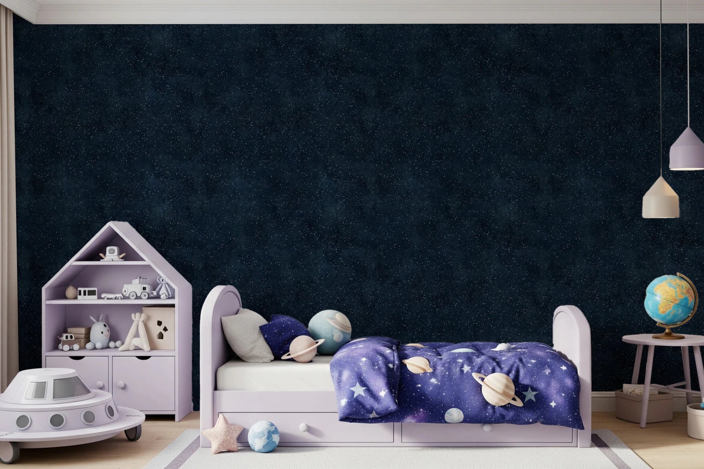 Bedroom styled in Galactic Star Field - Midnight wallpaper with cosmic speckles