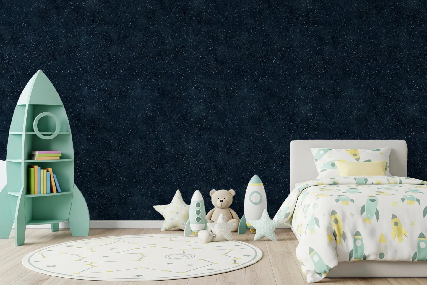 Children room featuring Galactic Star Field - Midnight wallpaper on a dark backdrop