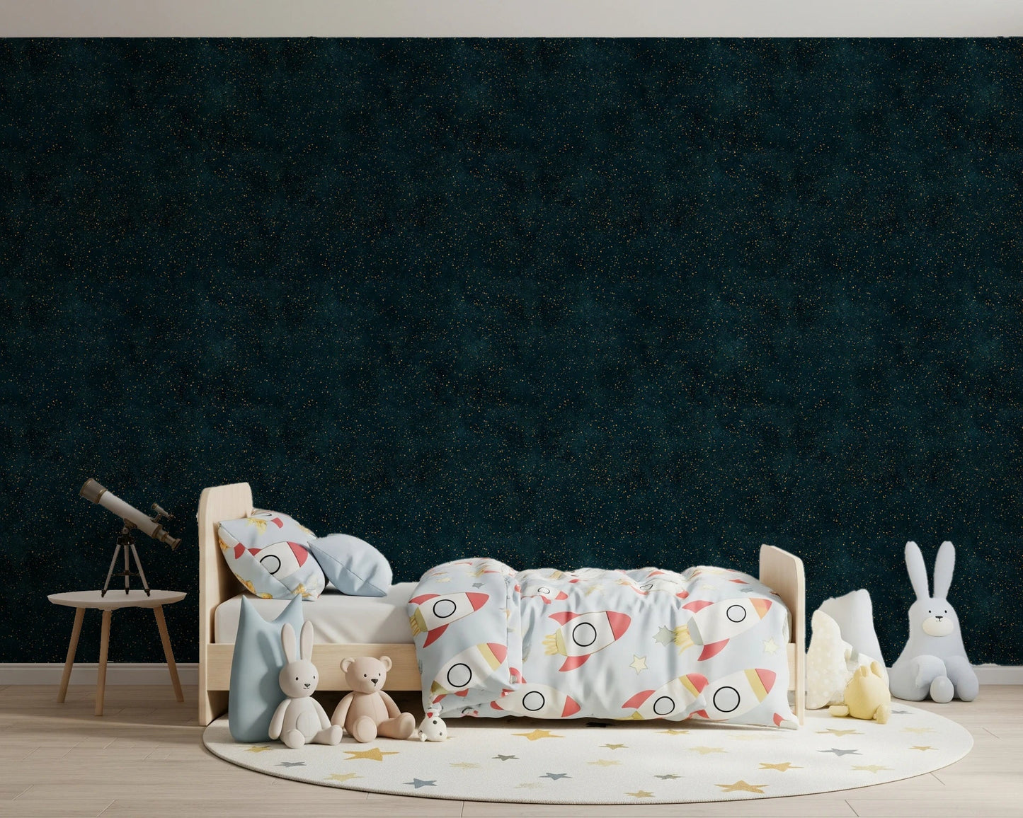 Bedroom using Galactic Star Field Petrol Wallpaper on a dark accent wall