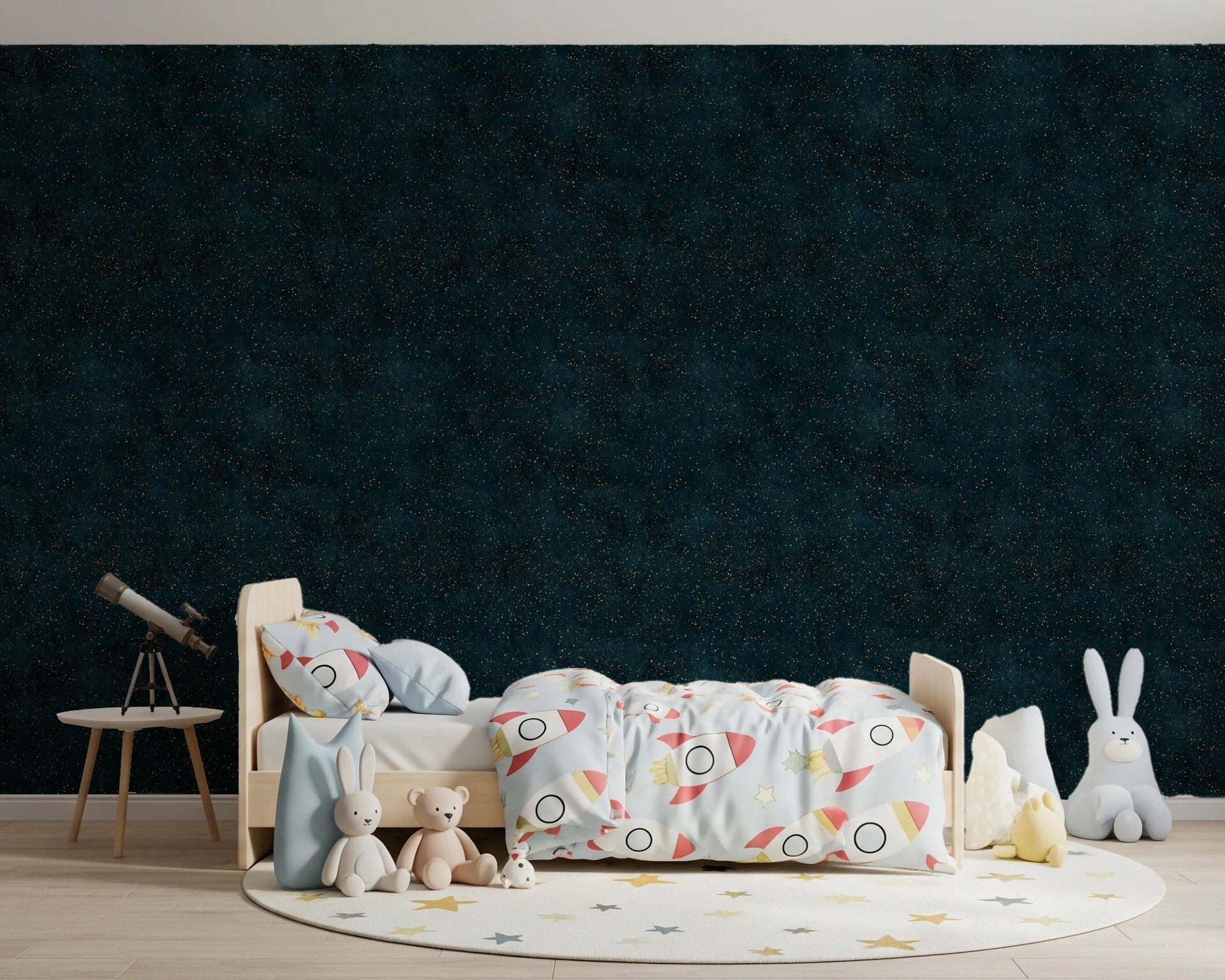 Bedroom using Galactic Star Field Petrol Wallpaper on a dark accent wall