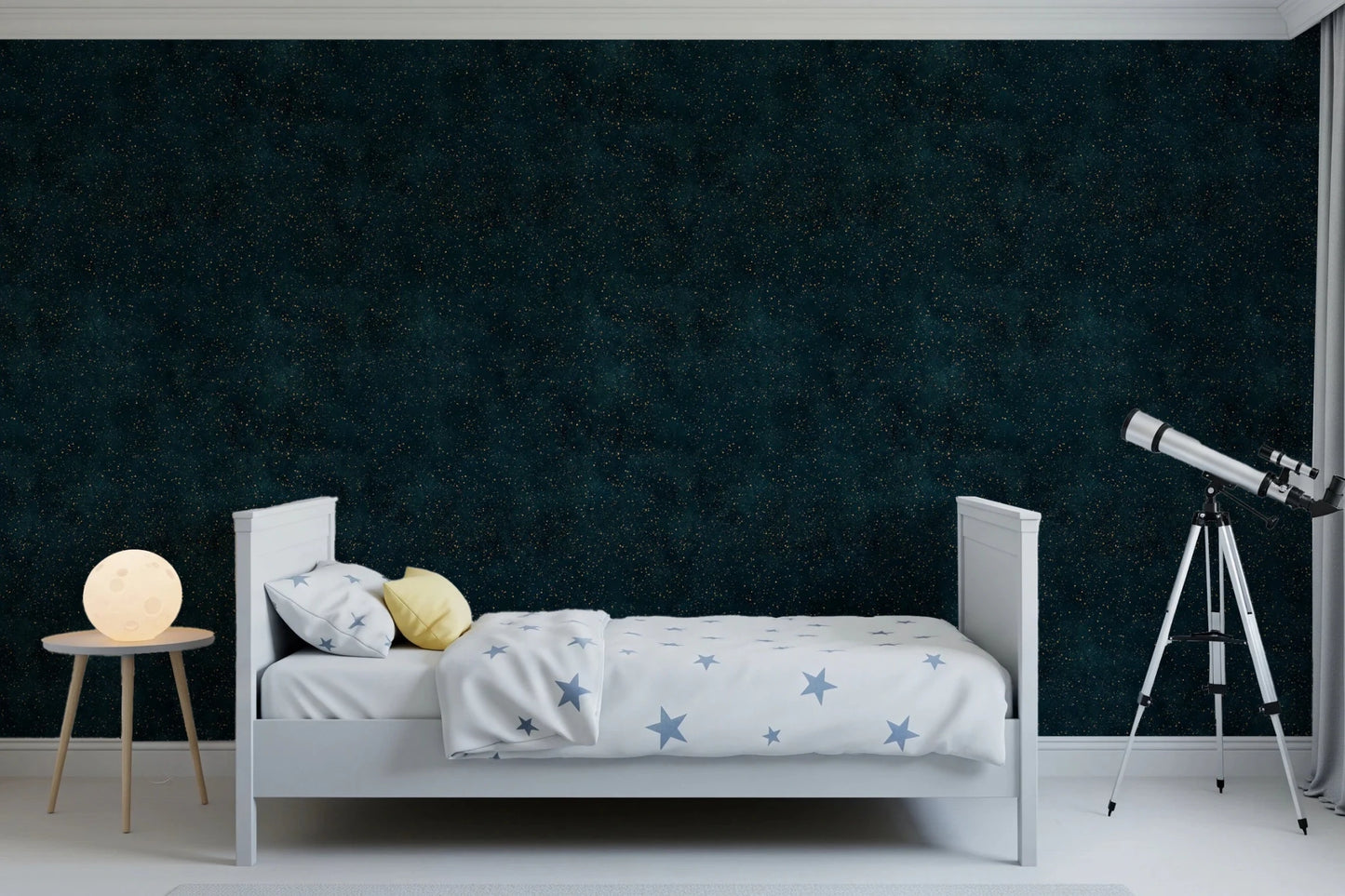 Bedroom styled in Galactic Star Field Wallpaper with a deep petrol finish