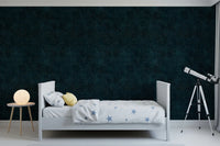 Bedroom styled in Galactic Star Field Wallpaper with a deep petrol finish