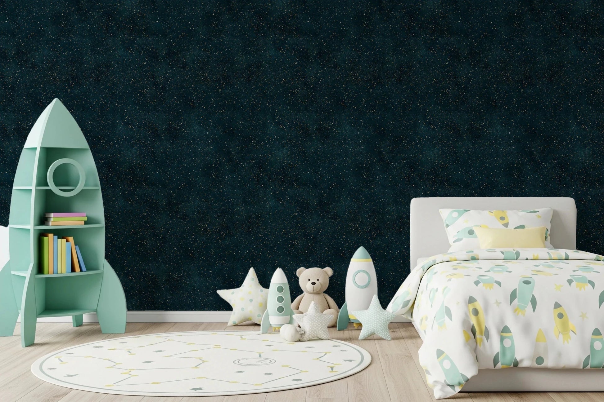 Fine gold dots define this Galactic Star Field Petrol Wallpaper design