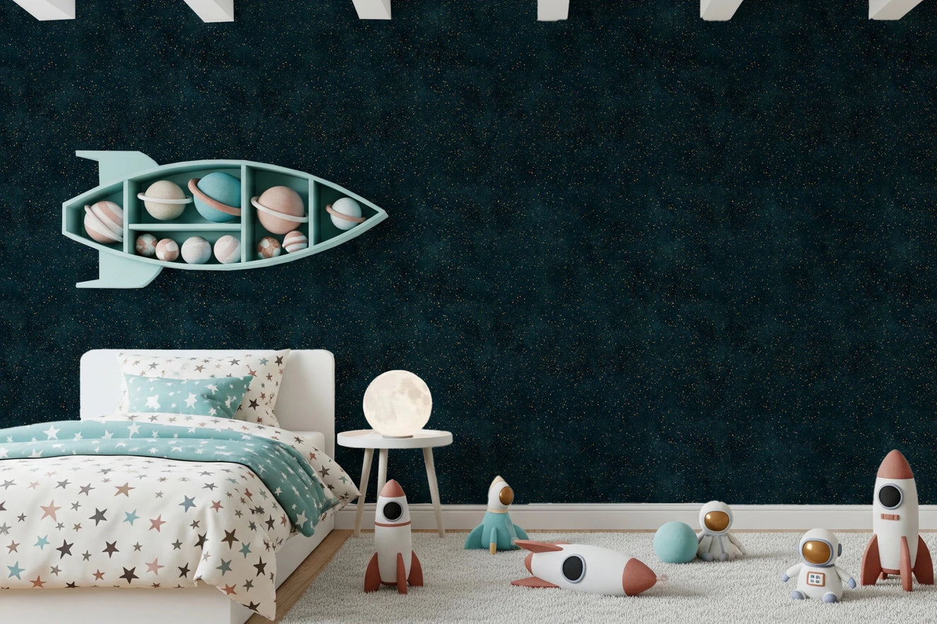 Kids room with Galactic Star Field Petrol Wallpaper and fine gold speckles