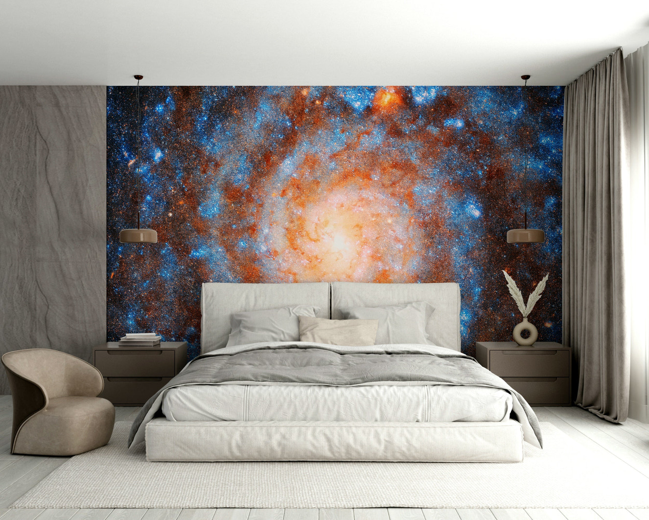 A wall mural of a galactic swirl.

