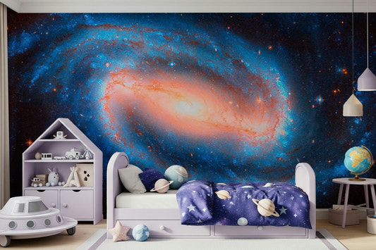 Galaxy dream wall mural with purple nebulae in a modern bedroom wallpaper.