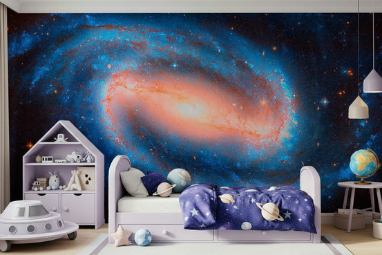 Galaxy dream wall mural with purple nebulae in a modern bedroom wallpaper., GD7885
