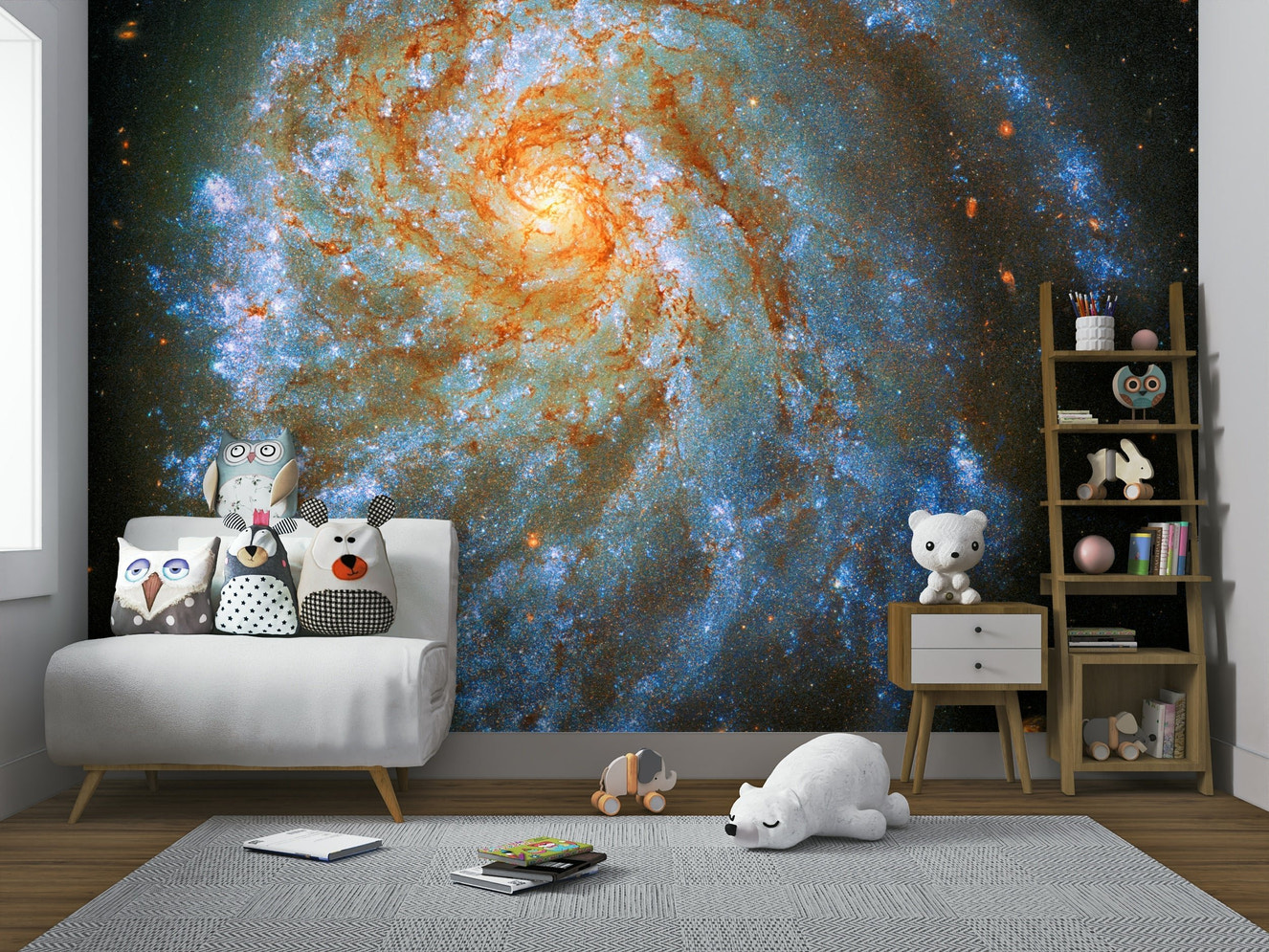 A wall mural of a galaxy.

