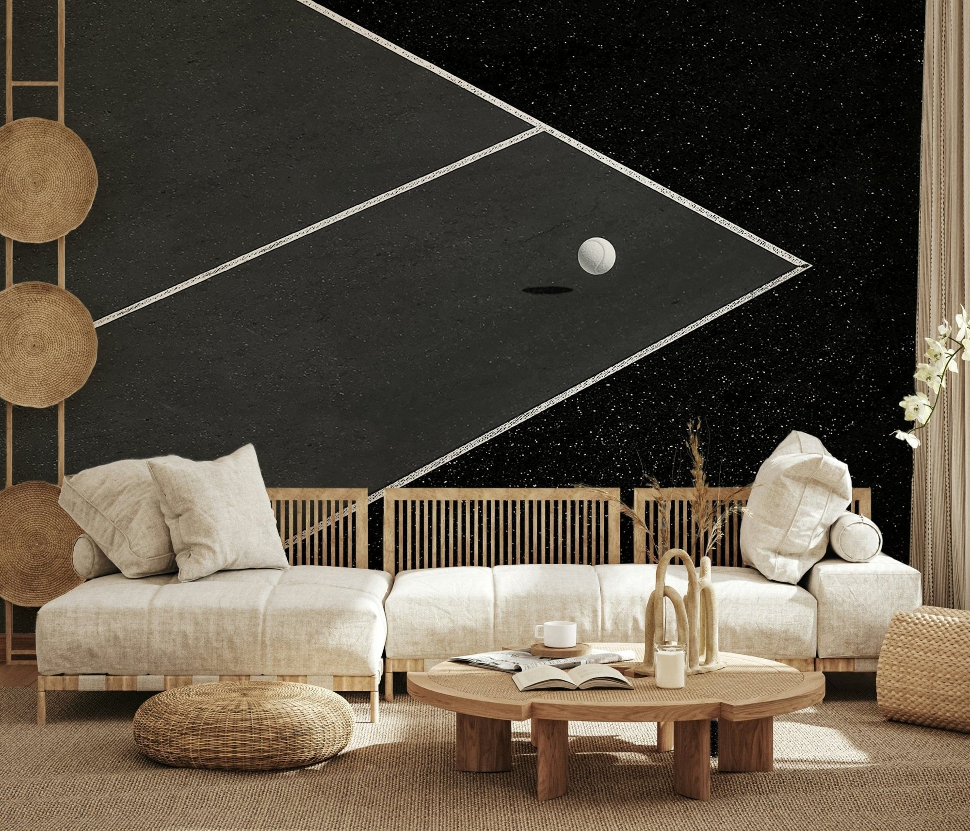 A beautiful minimalist tennis court wallpaper mural for a modern, sporty room., GD5855