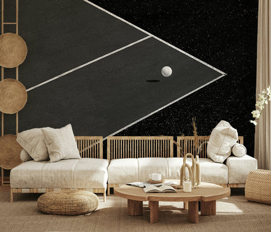 A beautiful minimalist tennis court wallpaper mural for a modern, sporty room., GD5855