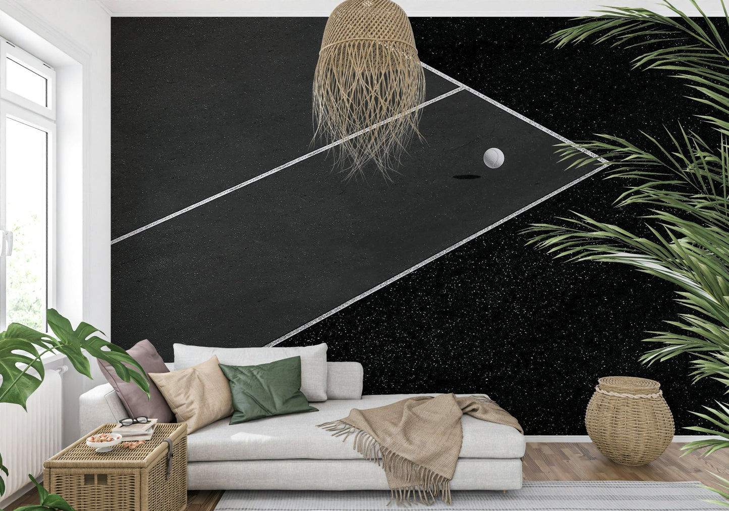 A graceful subtle court pattern wall mural in cool, natural tones.