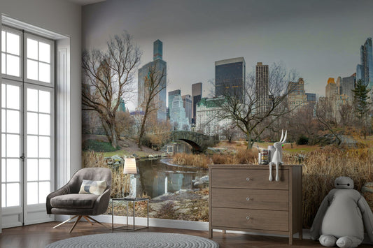A panoramic view of Gapstow Bridge in Central Park.

