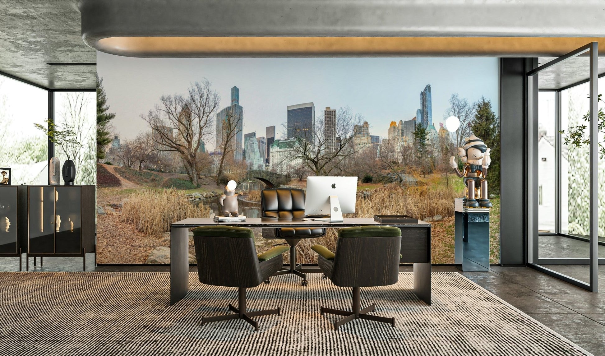 The composition shows a natural foreground with an urban background.

