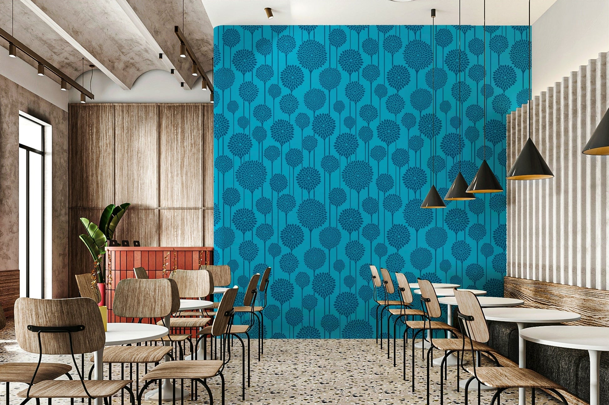 Retro-inspired navy blue wallpaper for bedroom
