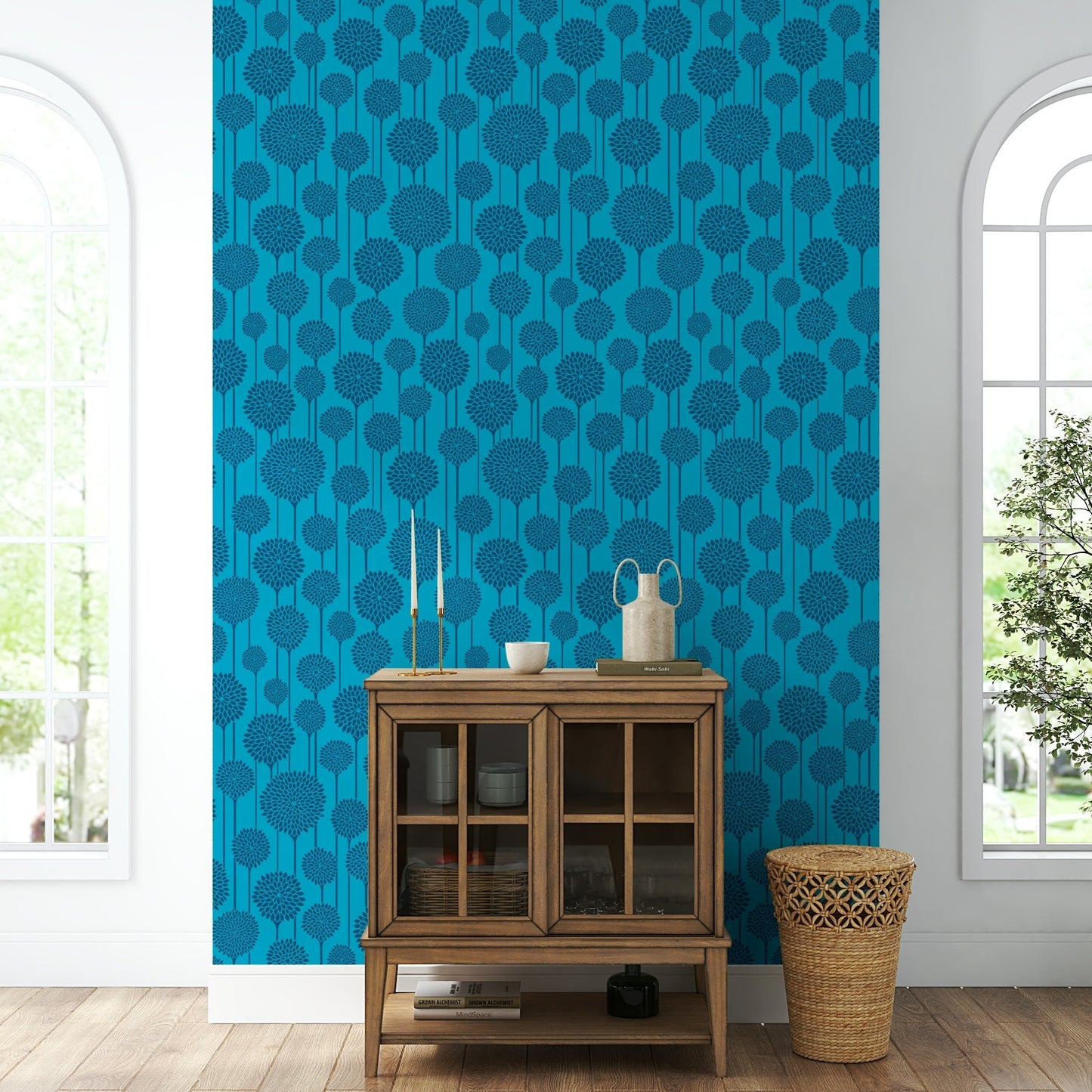 Classic navy wallpaper with botanical details
