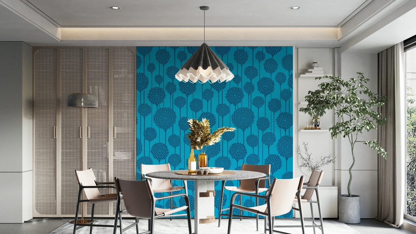 Vintage Scandi mural wallpaper in deep blue
