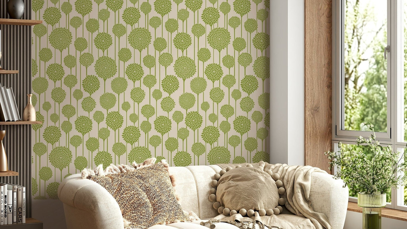 Garden Beauties wallpaper in sage green and cream
