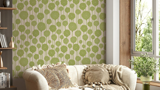 Garden Beauties wallpaper in sage green and cream
