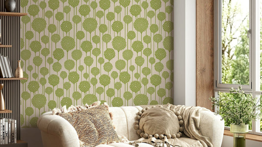 Garden Beauties wallpaper in sage green and cream
