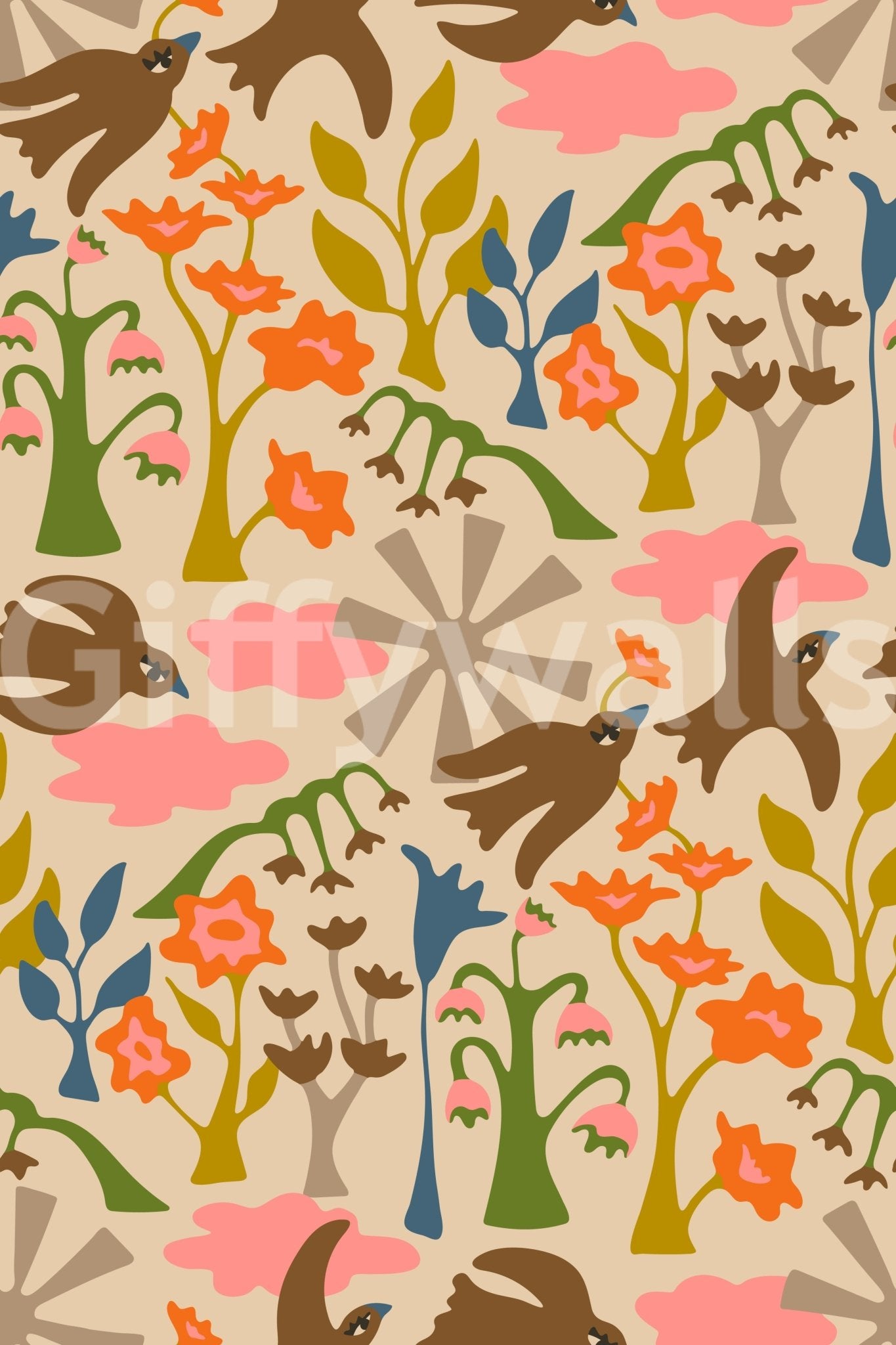 Elegant garden bird wallpaper in seasonal floral style

