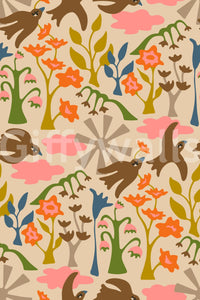 Elegant garden bird wallpaper in seasonal floral style

