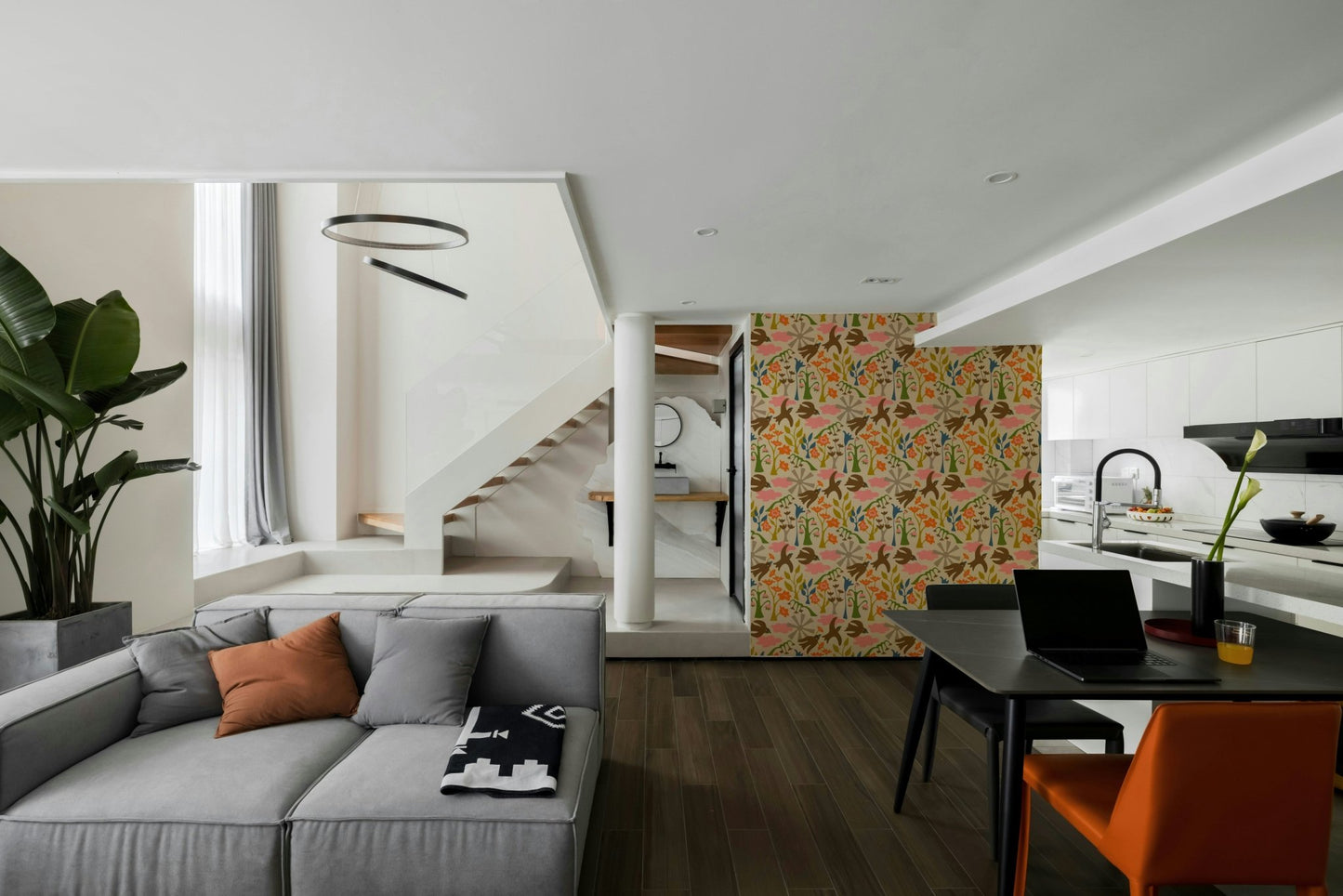 Earthy floral wallpaper with pink, orange, and green hues

