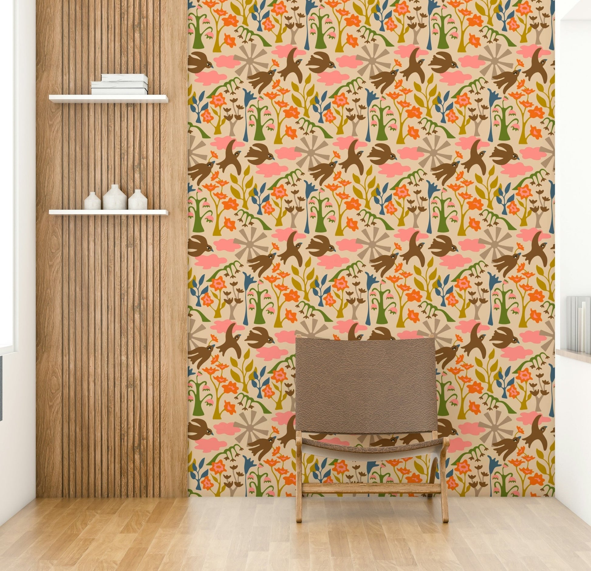 Birds and flowers wallpaper with charming natural theme

