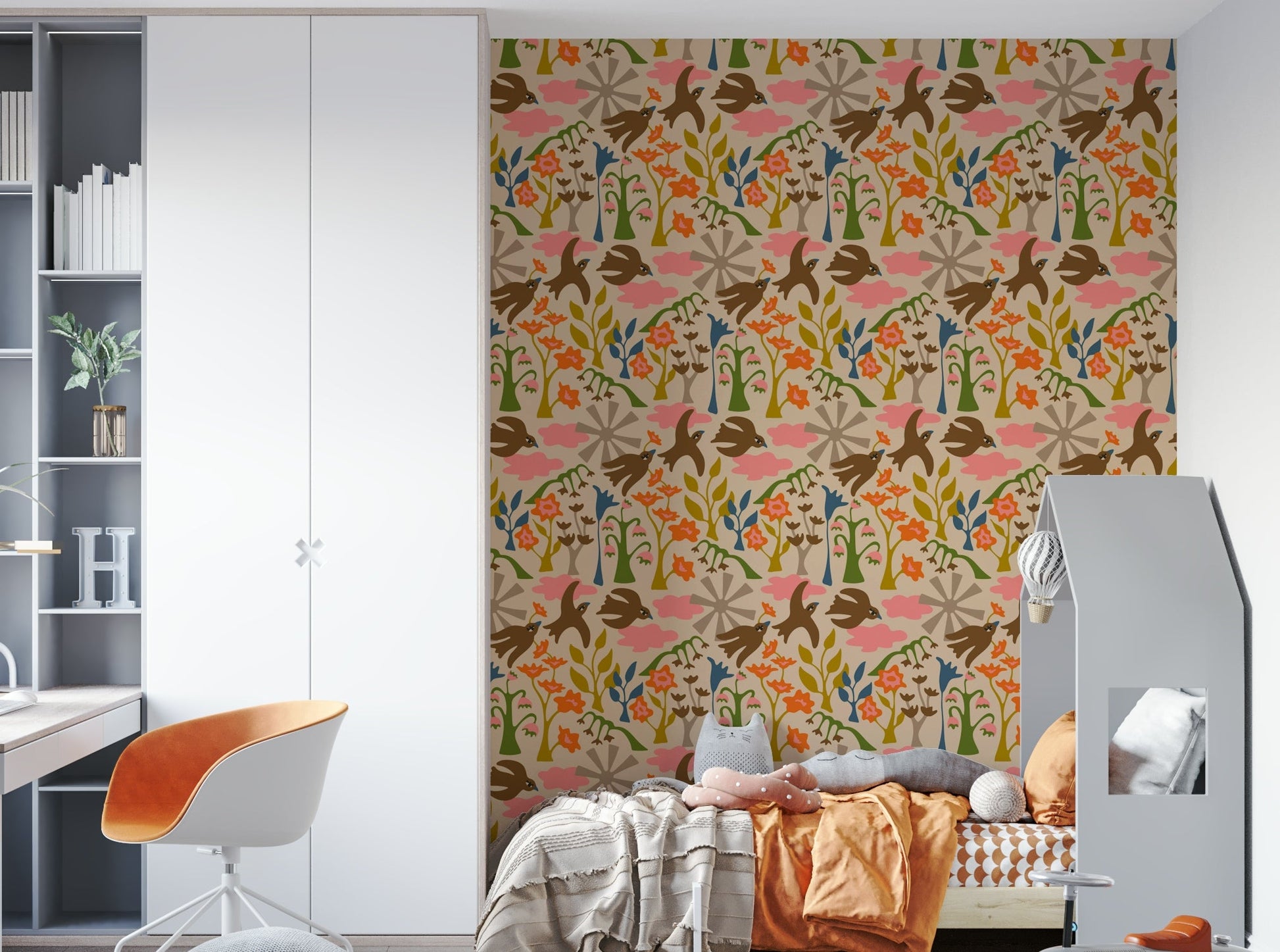 Earthy botanical wallpaper with colorful birds and blossoms

