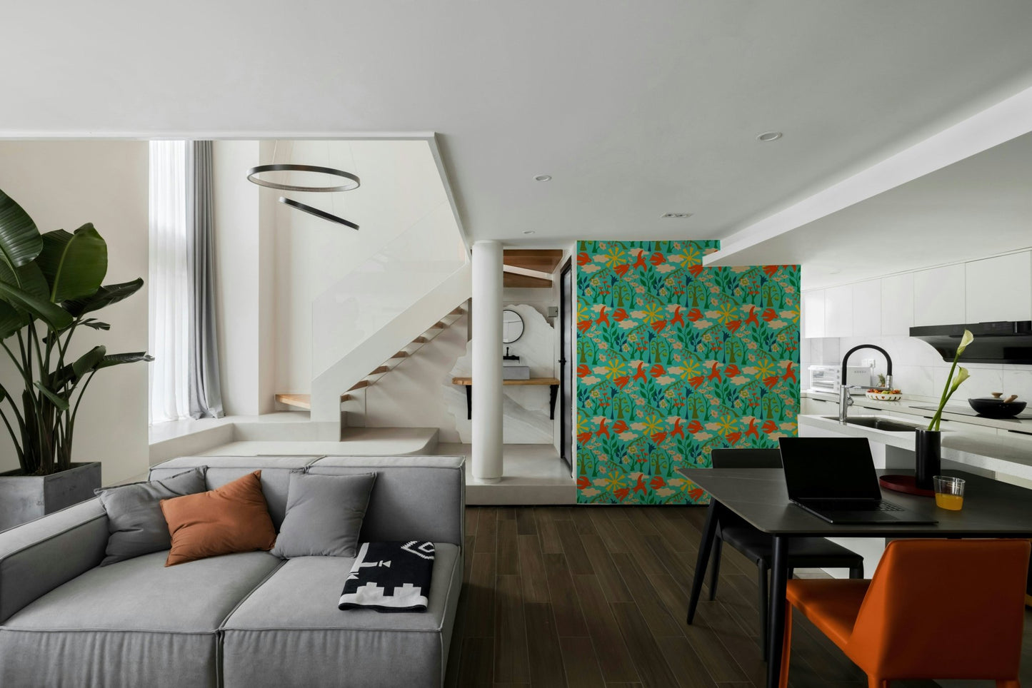 Whimsical birds and summer florals in vivid hues wallpaper

