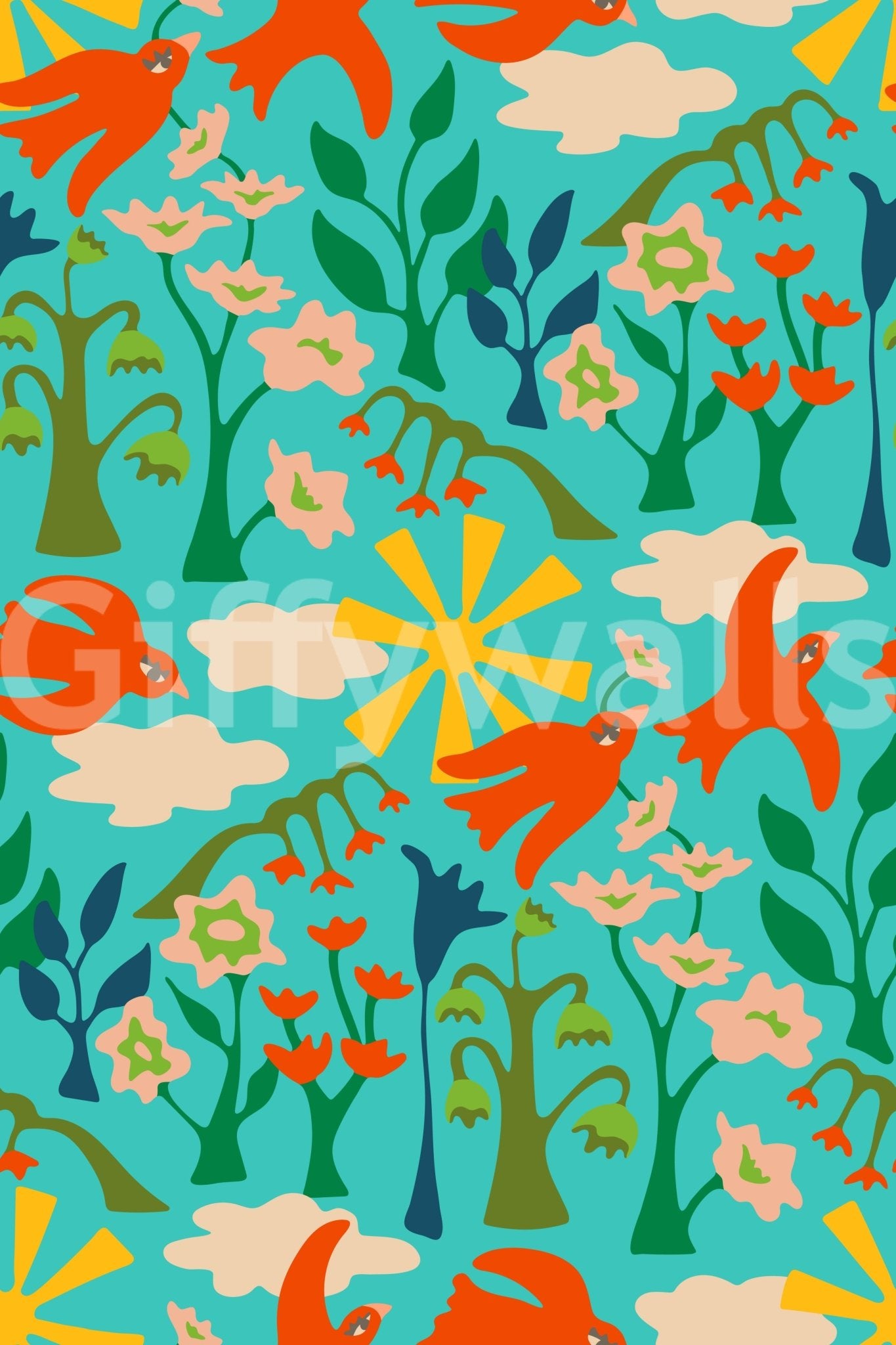 Nature-inspired wallpaper with bright flowers and garden birds

