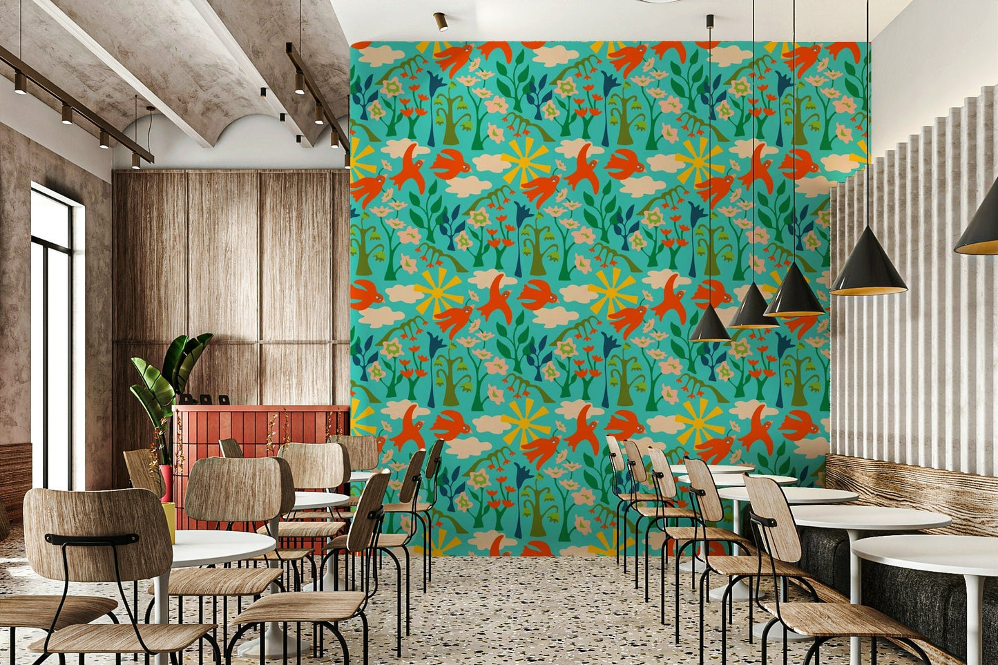 Summer garden bird wallpaper with colorful floral design

