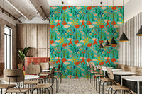 Summer garden bird wallpaper with colorful floral design

