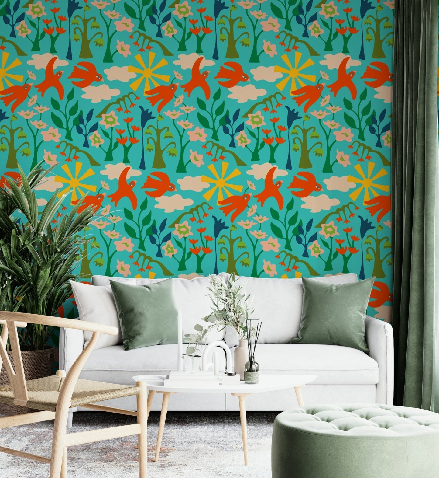 Colorful wallpaper with red flowers, turquoise leaves, and birds

