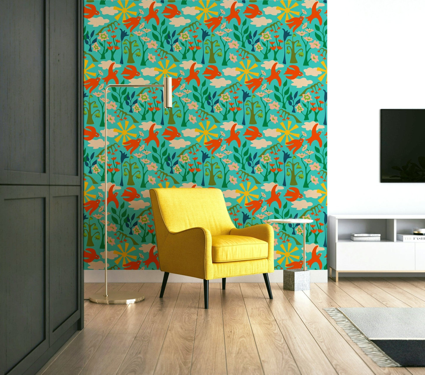 Garden birds wallpaper with bright red and turquoise flowers

