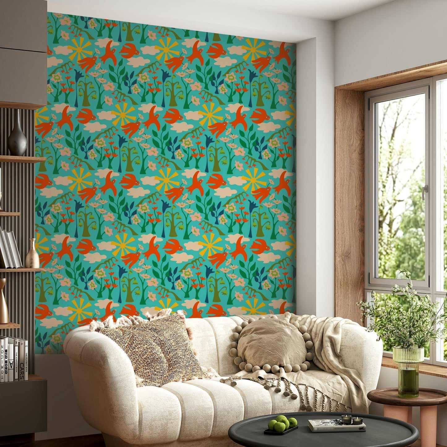 Bright red and turquoise botanical wallpaper with birds

