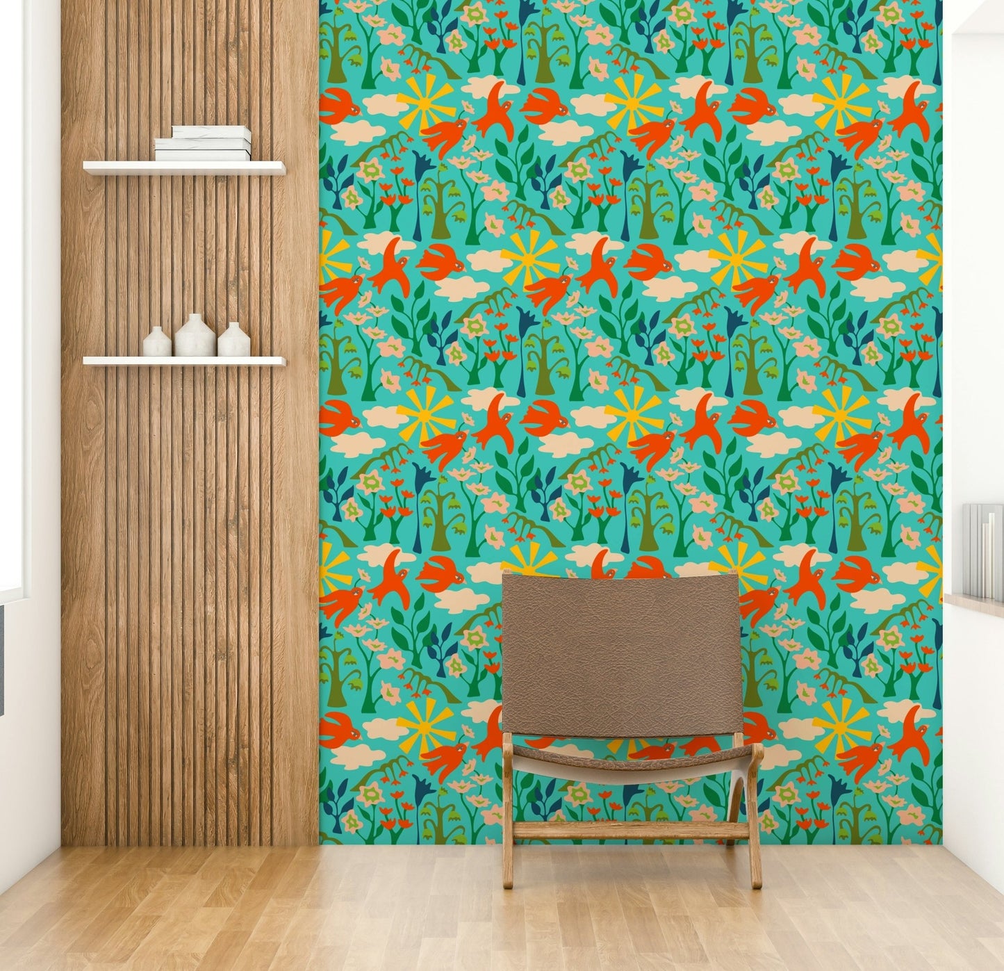 Happy floral wallpaper in turquoise and red with birds

