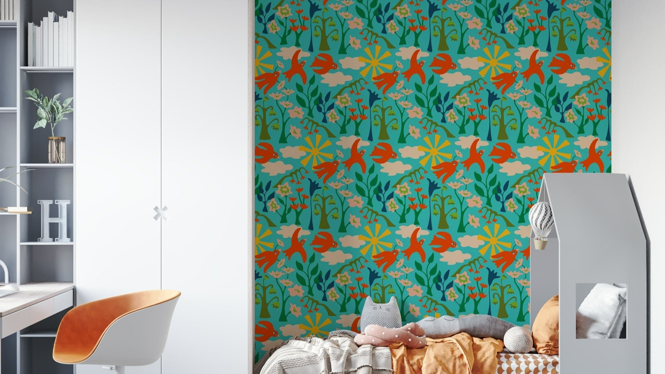 Vibrant summer wallpaper featuring birds and floral patterns

