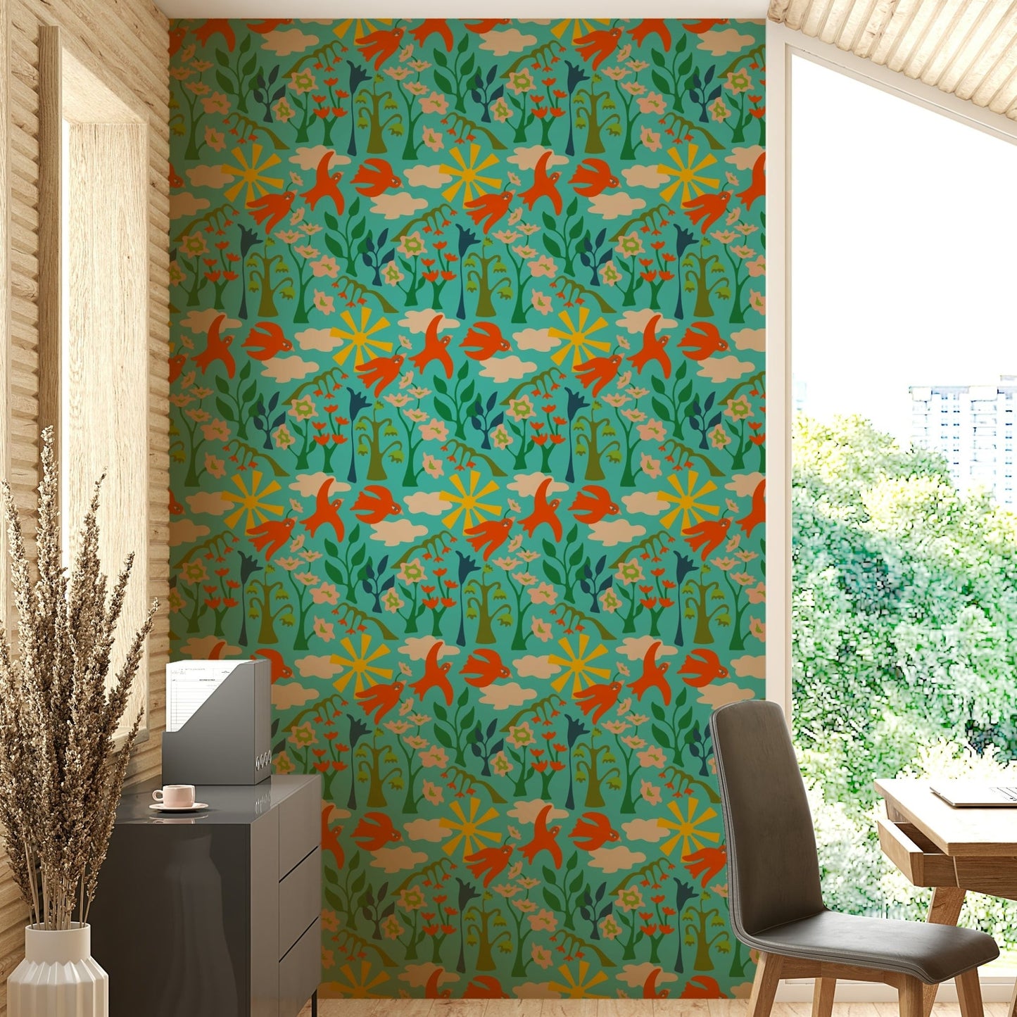 Charming garden bird wallpaper in bold, happy colors

